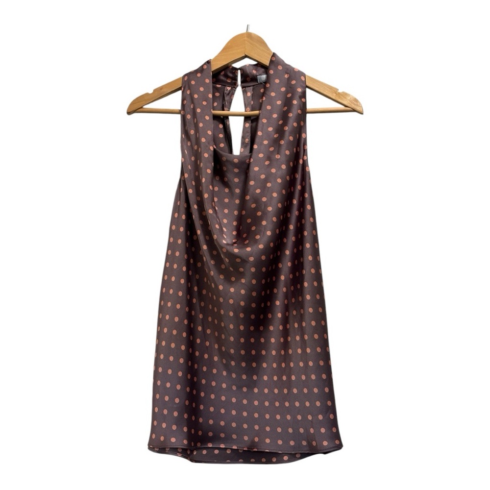 Violet & Claire Size M Brown/Orange Poker Dot Sleeveless Draped Neckline Blouse - Picture 11 of 15
